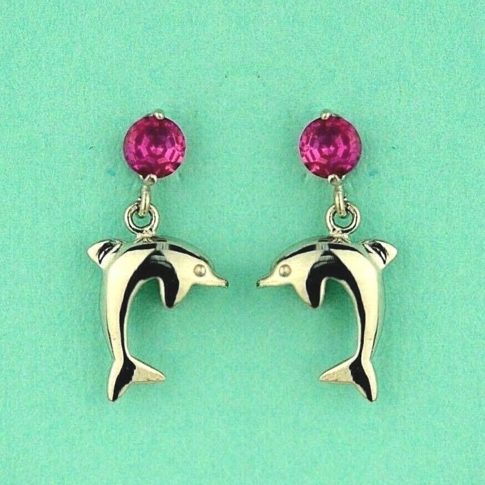 14k Solid Gold Dolphin Screw Back Stud Earring Wi… - image 5